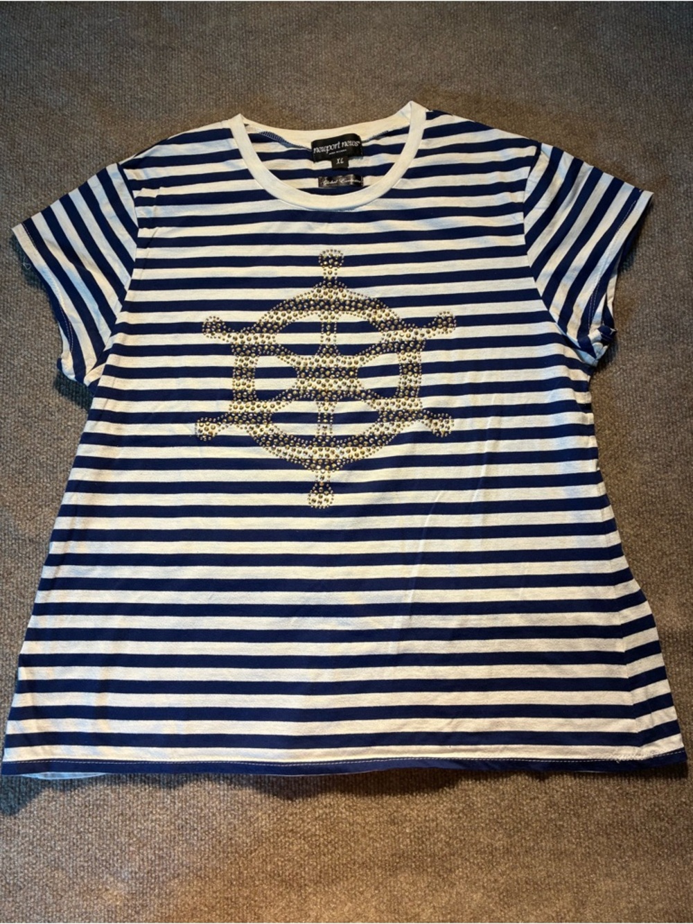 Newport News Navy and White Striped Crewneck Tee with Stud Detail